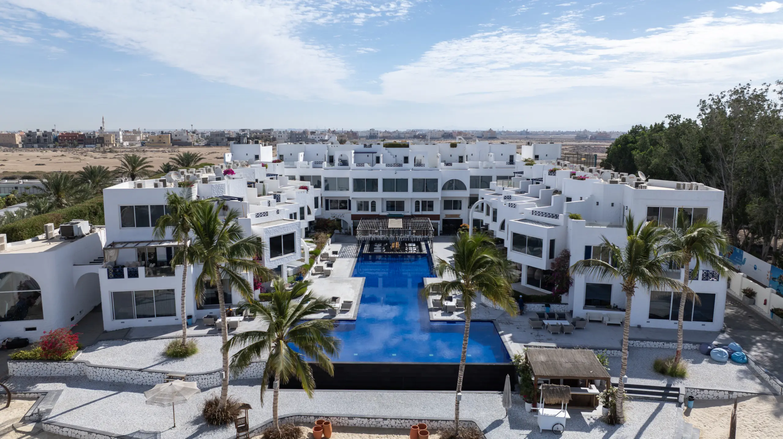 Aerial view of a beachfront resort on the Red Sea